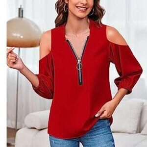 V Neck Lantern Sleeve Blouse Zipper Front Loose Casual Women Top Shirt Red
